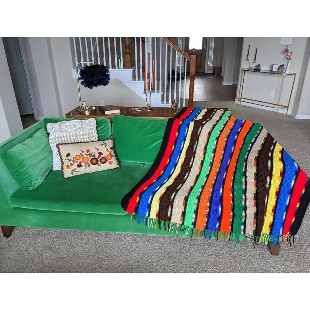 vintage 70s RAINBOW STRIPED Fringe Trim AFGHAN knit handmade blanket colorful